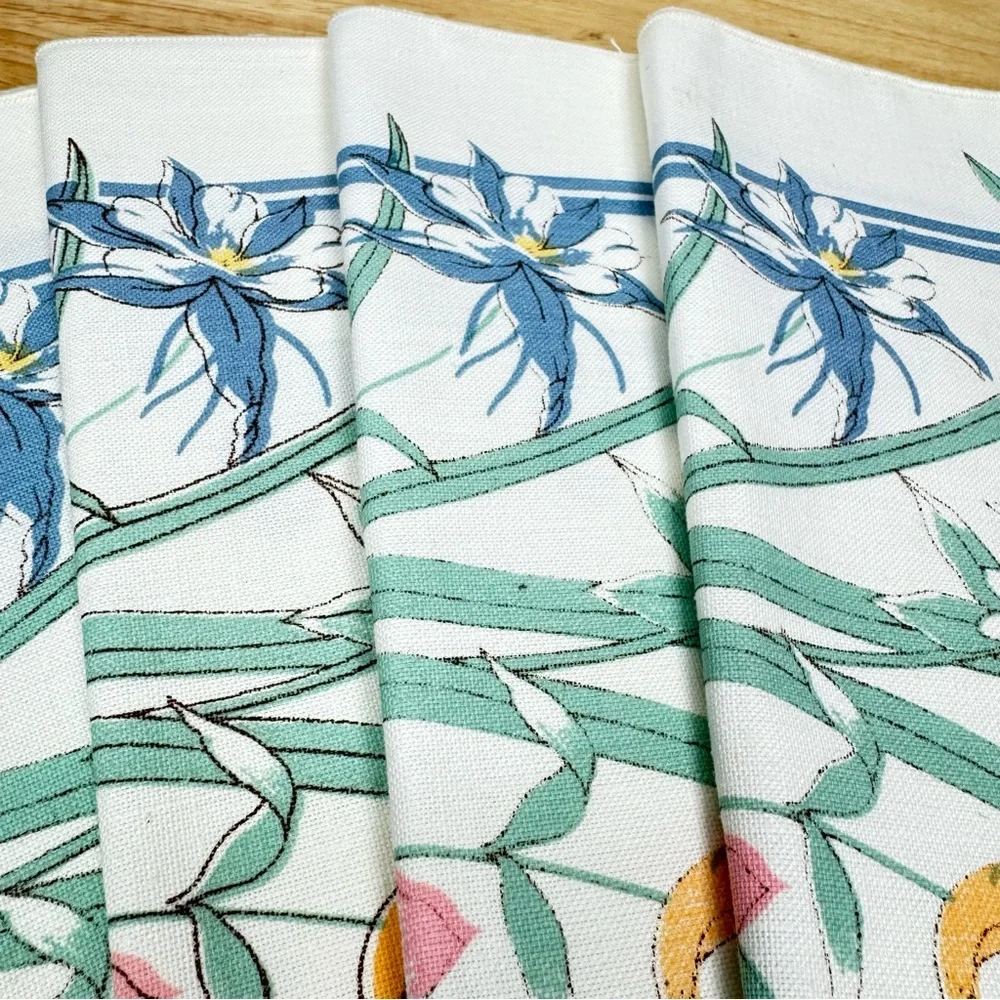 Floral Linen Napkins Set Of 4 Purple Iris Butterfly Grass Flowers Spring Botanic